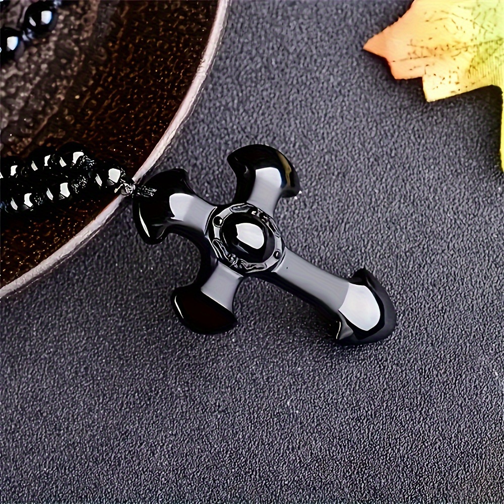 Black Obsidian Cross Necklace with Lucky Charm Pendant